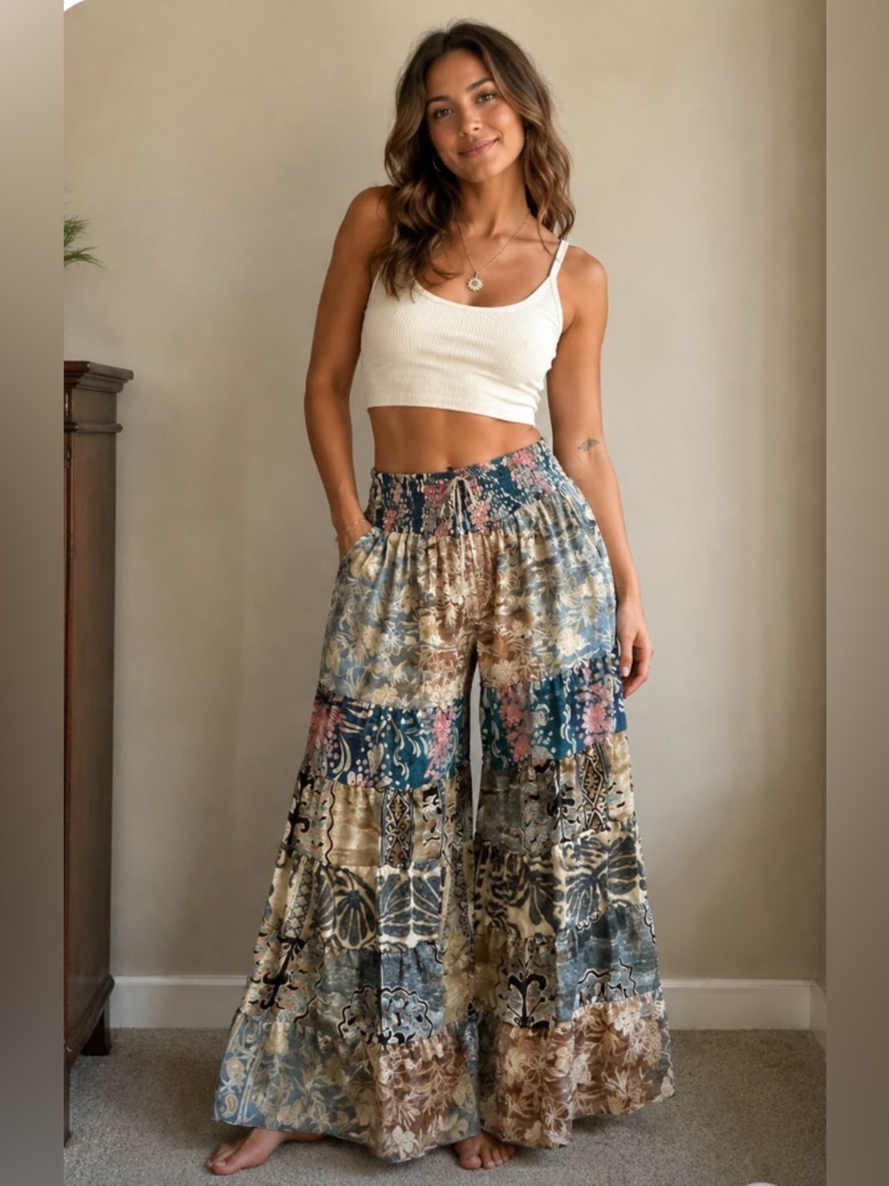 NWT Karma Highway Boho Tiered Wide-Leg Palazzo Pants